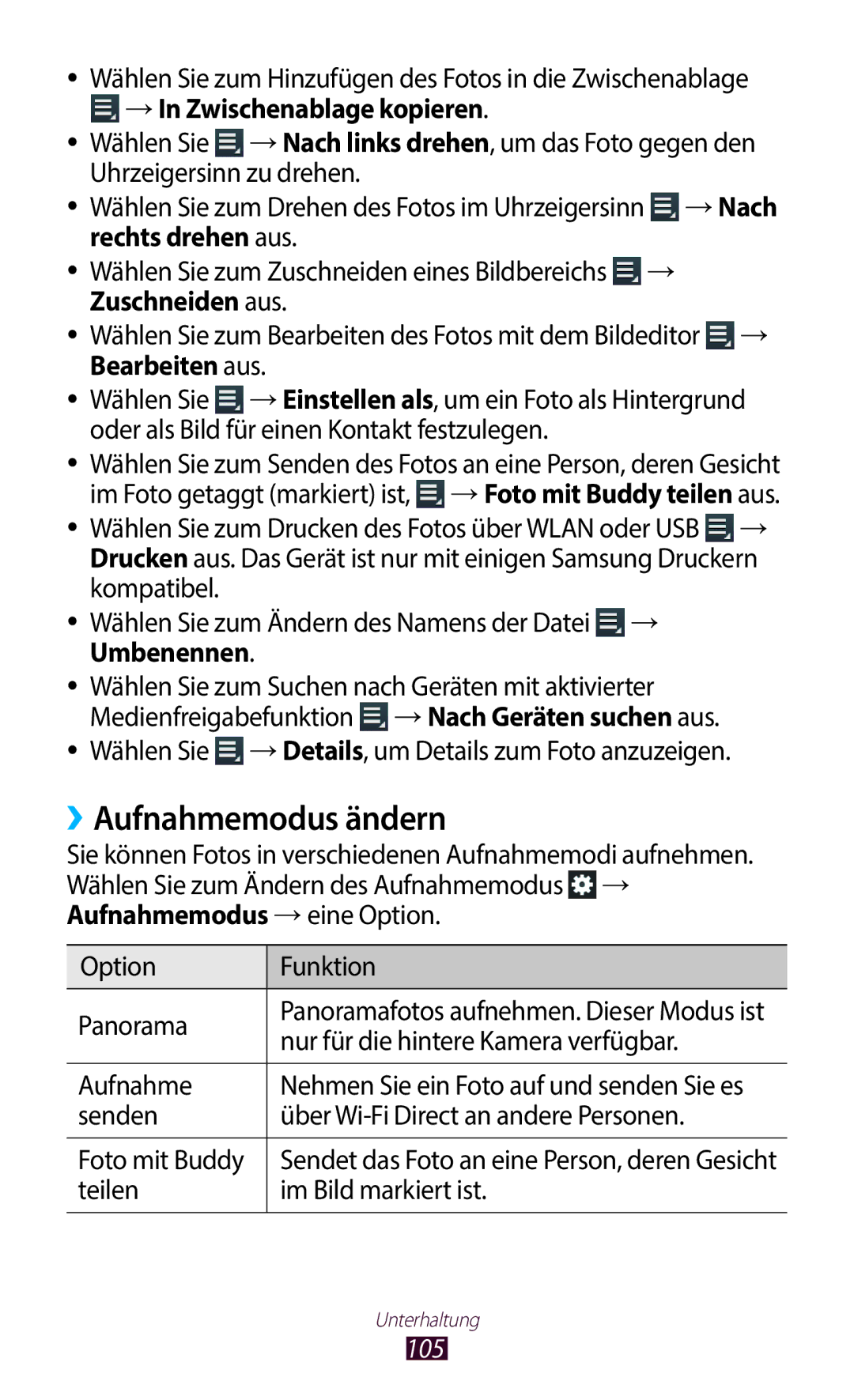 Samsung GT-N8020ZWADTM manual ››Aufnahmemodus ändern, →In Zwischenablage kopieren, Rechts drehen aus, Zuschneiden aus, 105 