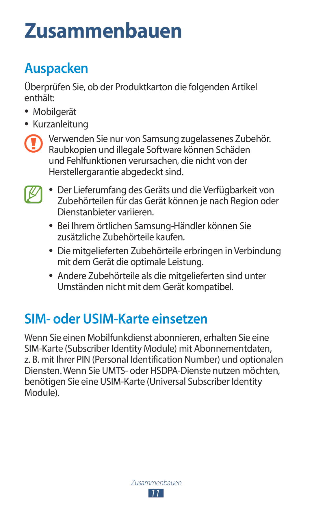 Samsung GT-N8020ZWATCL, GT-N8020EAATPH, GT-N8020ZWAVD2, GT-N8020EAATMN manual Auspacken, SIM- oder USIM-Karte einsetzen 