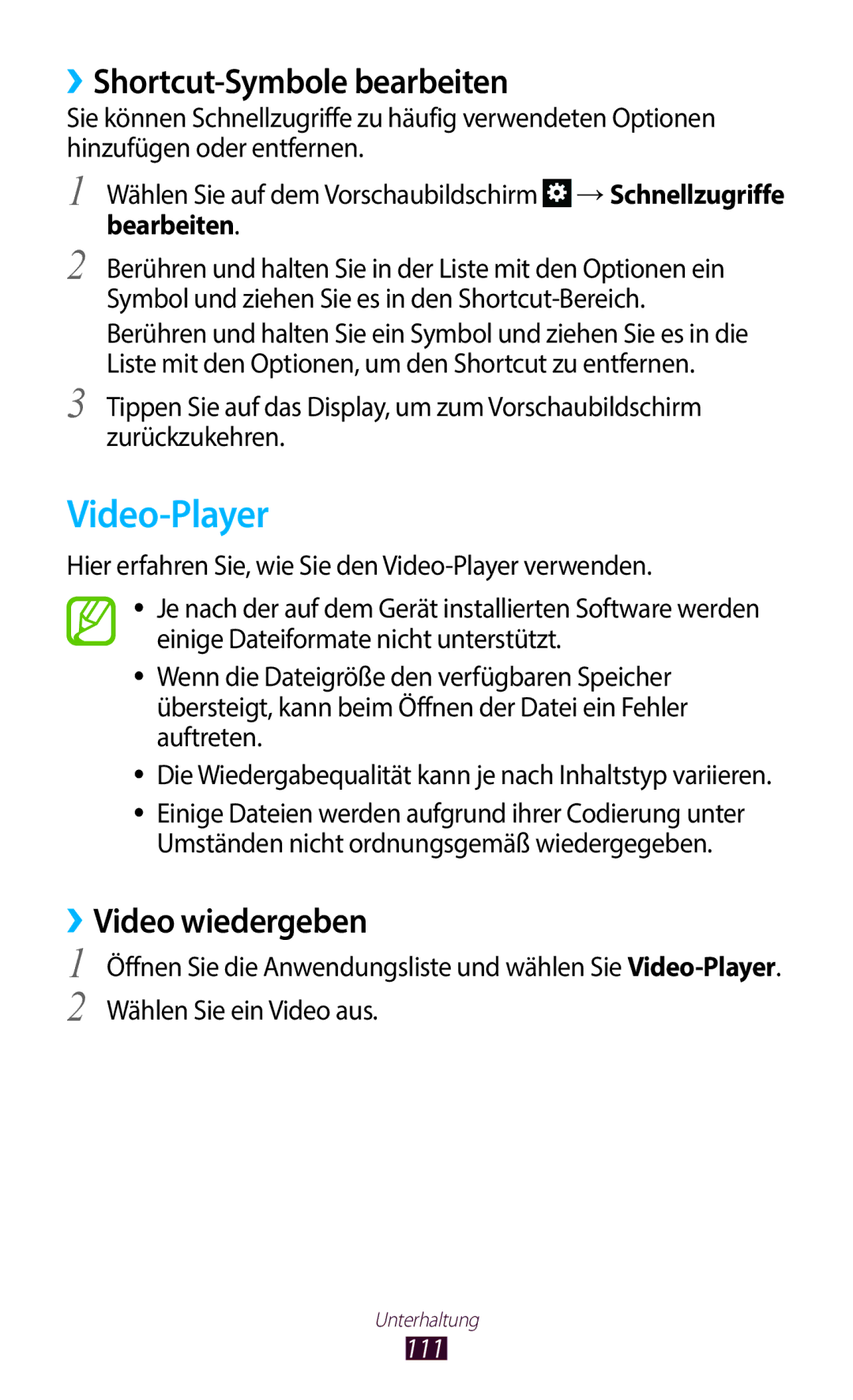 Samsung GT-N8020ZWADTM, GT-N8020EAATPH manual Video-Player, ››Shortcut-Symbole bearbeiten, ››Video wiedergeben, 111 