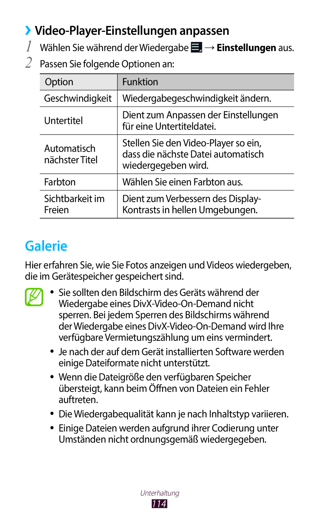 Samsung GT-N8020EAATPH, GT-N8020ZWAVD2 Galerie, ››Video-Player-Einstellungen anpassen, Für eine Untertiteldatei, 114 