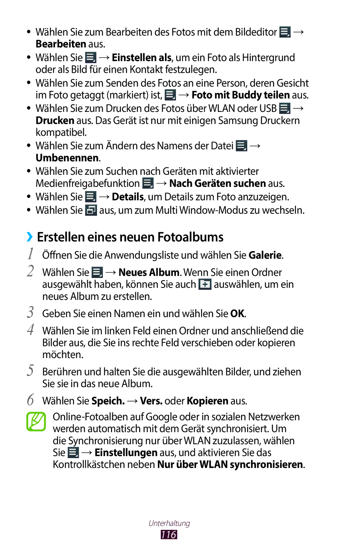 Samsung GT-N8020EAATMN manual ››Erstellen eines neuen Fotoalbums, Wählen Sie Speich. →Vers. oder Kopieren aus, 116 