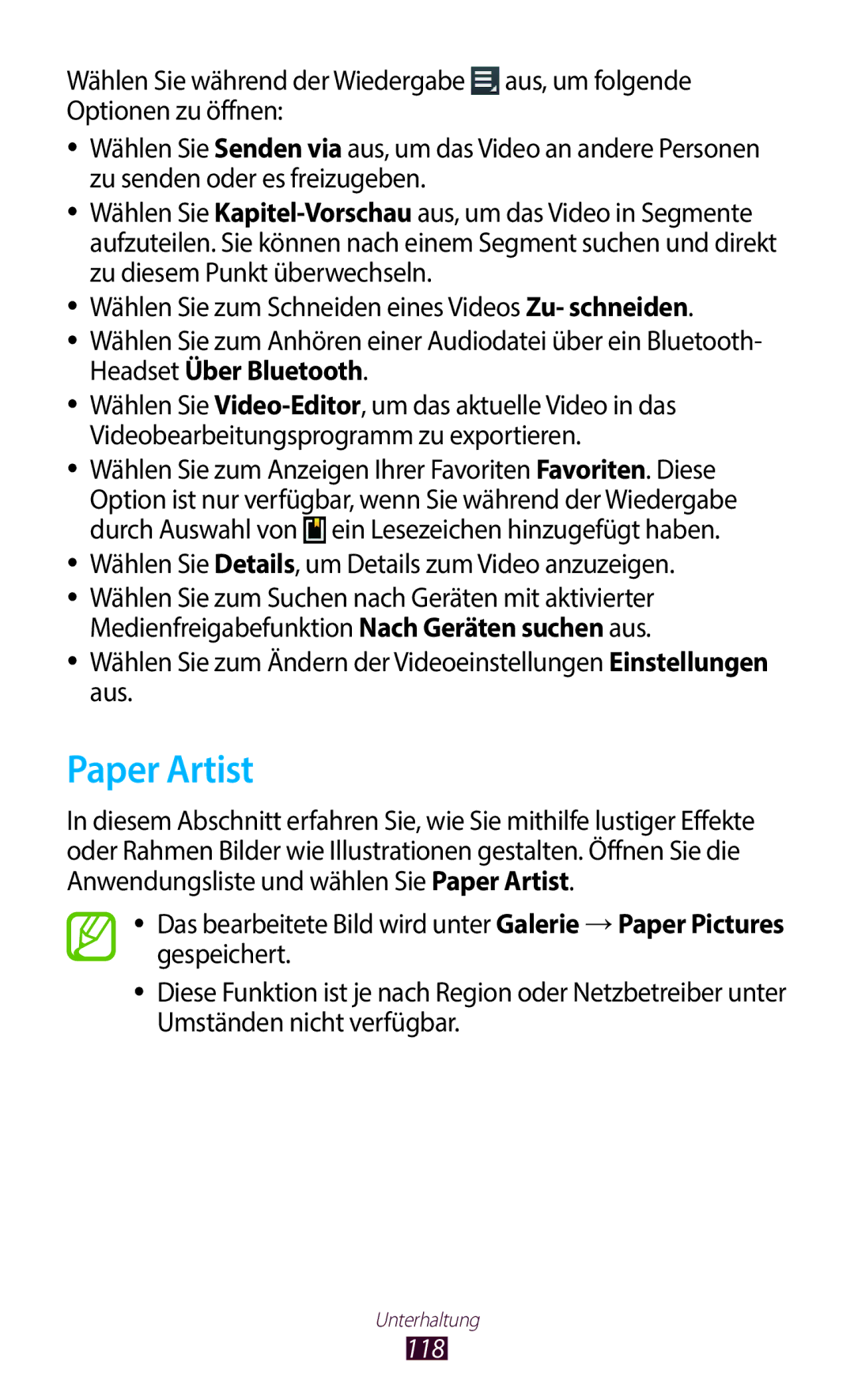 Samsung GT-N8020ZWATPH, GT-N8020EAATPH manual Paper Artist, Wählen Sie Details, um Details zum Video anzuzeigen, 118 