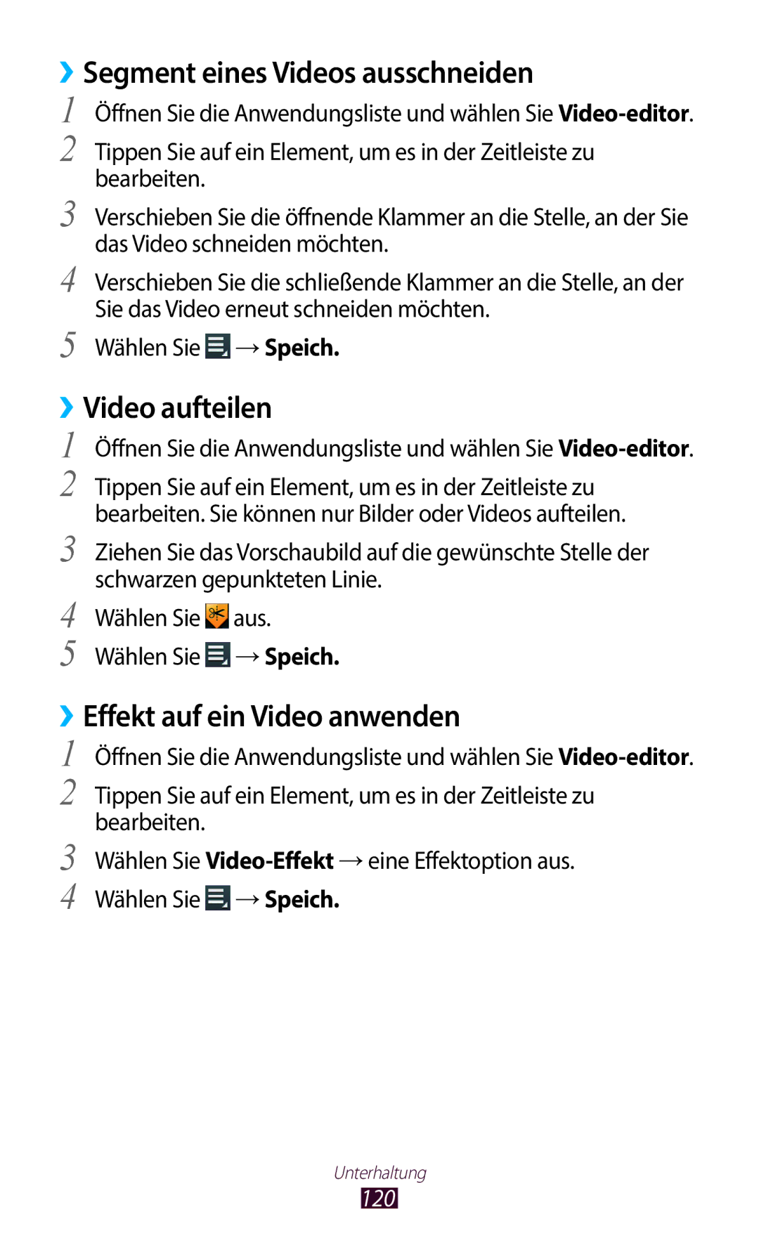 Samsung GT-N8020EAATPH manual ››Segment eines Videos ausschneiden, ››Video aufteilen, ››Effekt auf ein Video anwenden, 120 