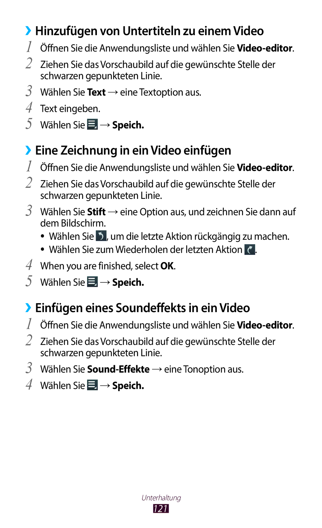 Samsung GT-N8020ZWAVD2 ››Hinzufügen von Untertiteln zu einem Video, ››Eine Zeichnung in ein Video einfügen, →Speich, 121 