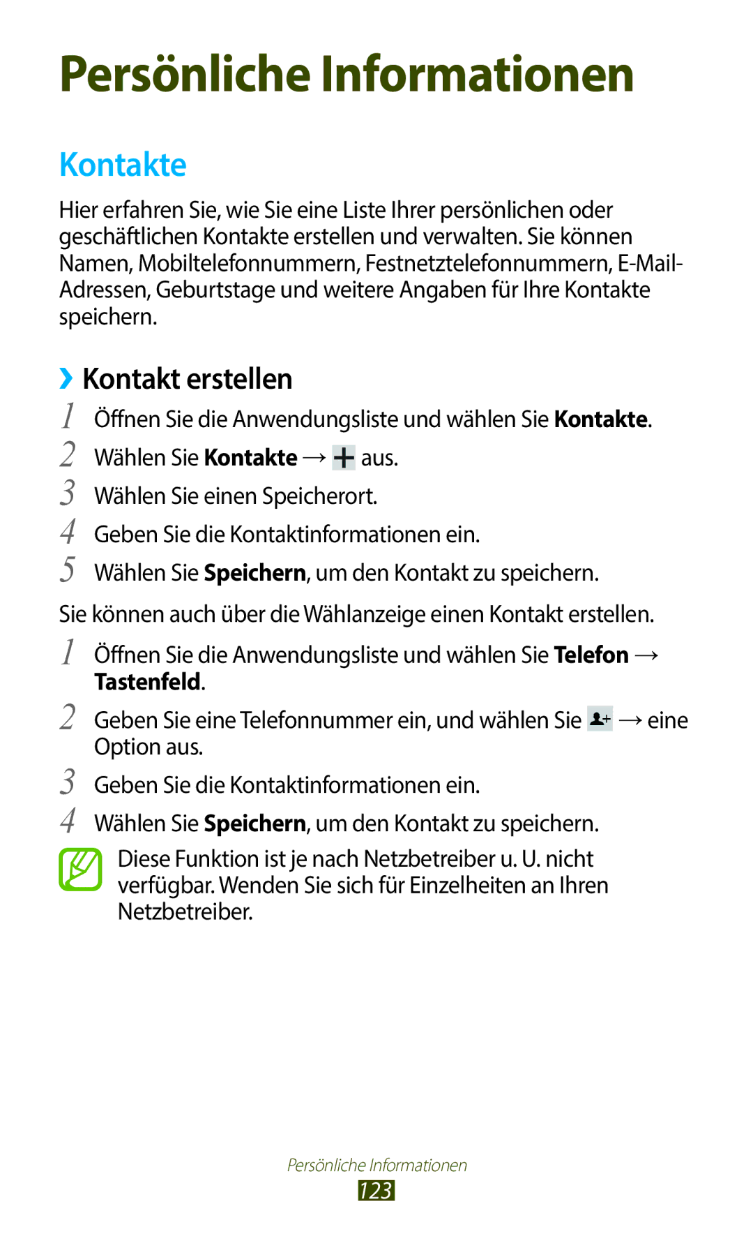 Samsung GT-N8020ZWADTM, GT-N8020EAATPH, GT-N8020ZWAVD2, GT-N8020EAATMN, GT-N8020ZWATPH Kontakte, ››Kontakt erstellen, 123 