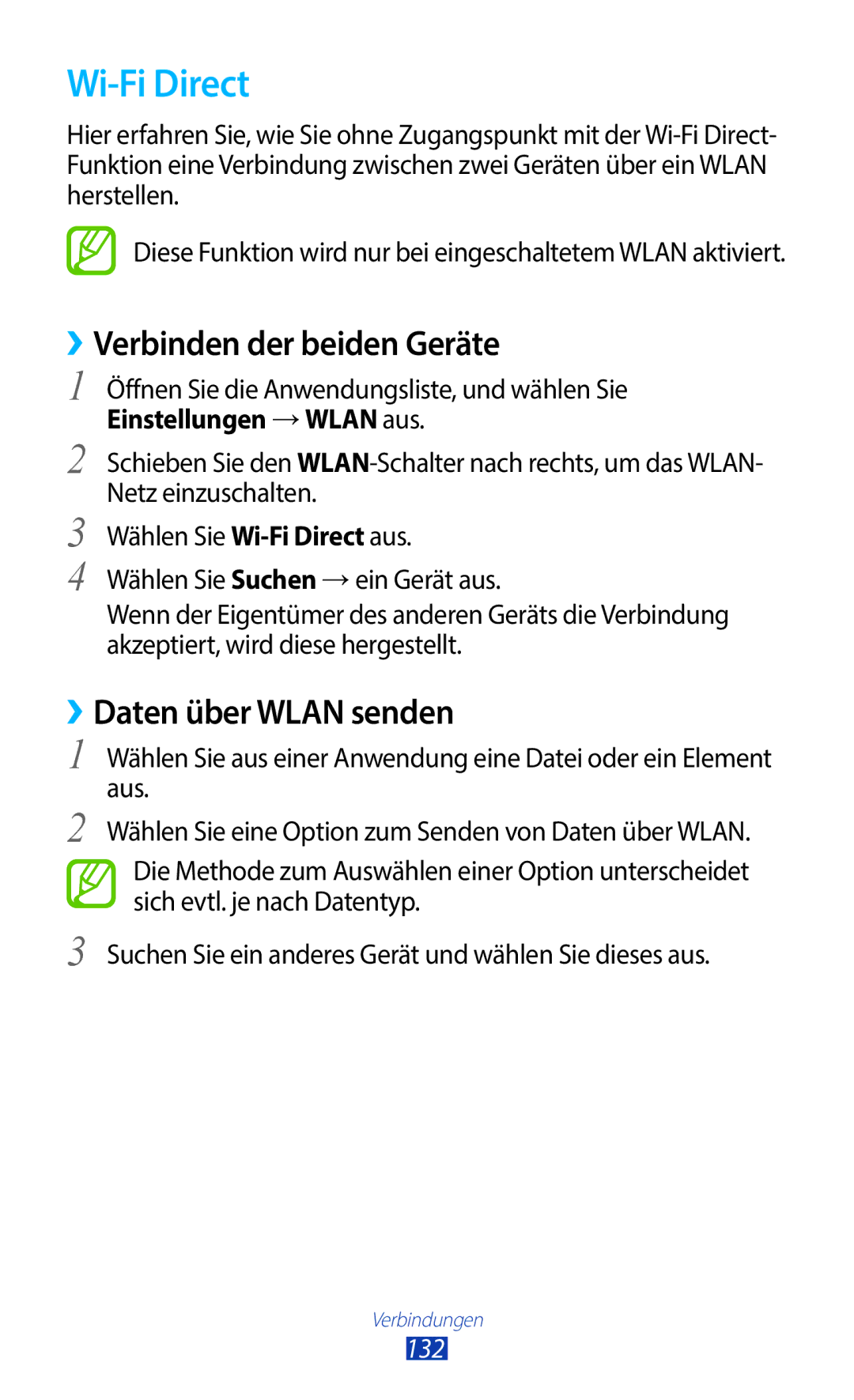 Samsung GT-N8020EAATPH, GT-N8020ZWAVD2 manual Wi-Fi Direct, ››Verbinden der beiden Geräte, ››Daten über Wlan senden, 132 