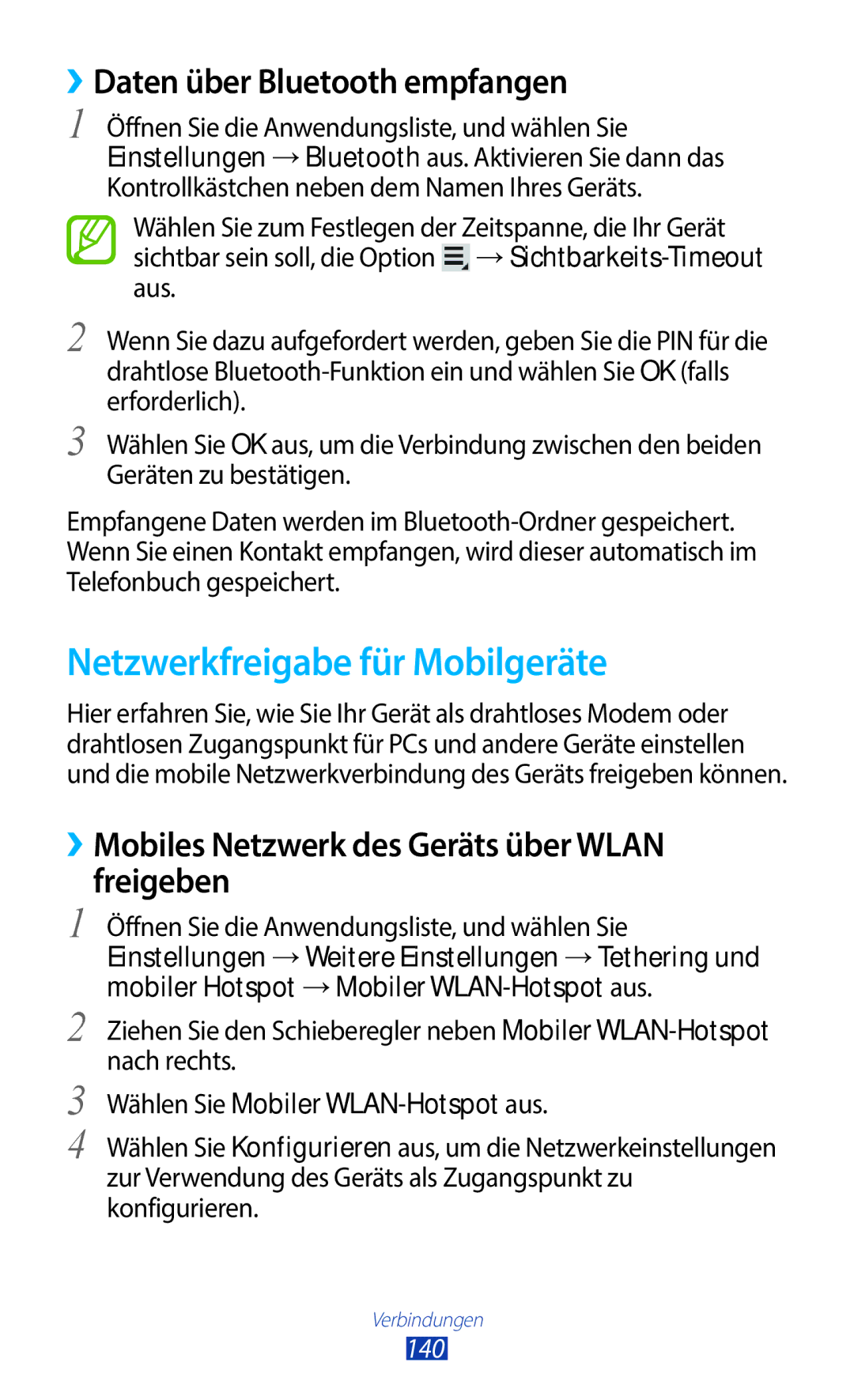 Samsung GT-N8020EAATMN, GT-N8020EAATPH manual Netzwerkfreigabe für Mobilgeräte, ››Daten über Bluetooth empfangen, 140 