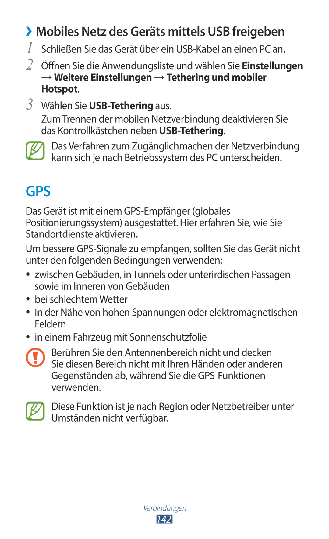 Samsung GT-N8020ZWATPH manual → Weitere Einstellungen →Tethering und mobiler Hotspot, Wählen Sie USB-Tetheringaus, 142 
