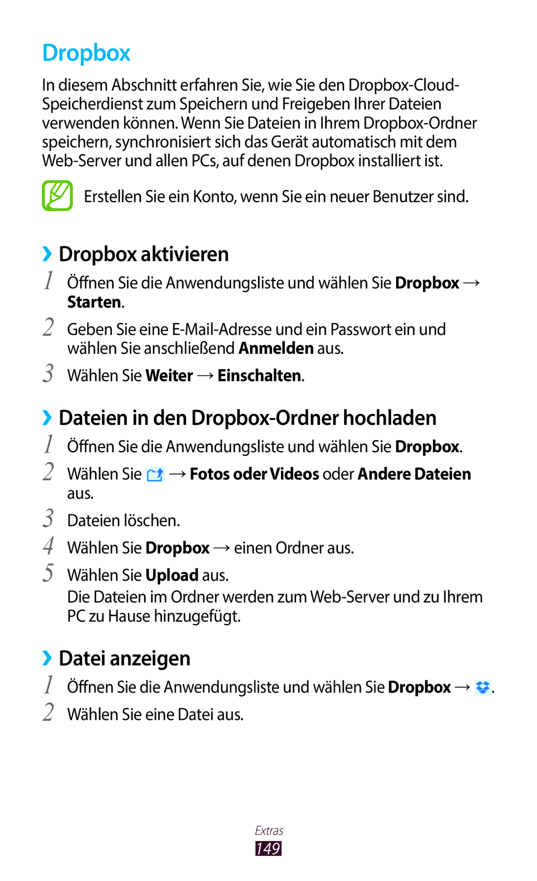 Samsung GT-N8020ZWATCL manual ››Dropbox aktivieren, ››Dateien in den Dropbox-Ordner hochladen, ››Datei anzeigen 