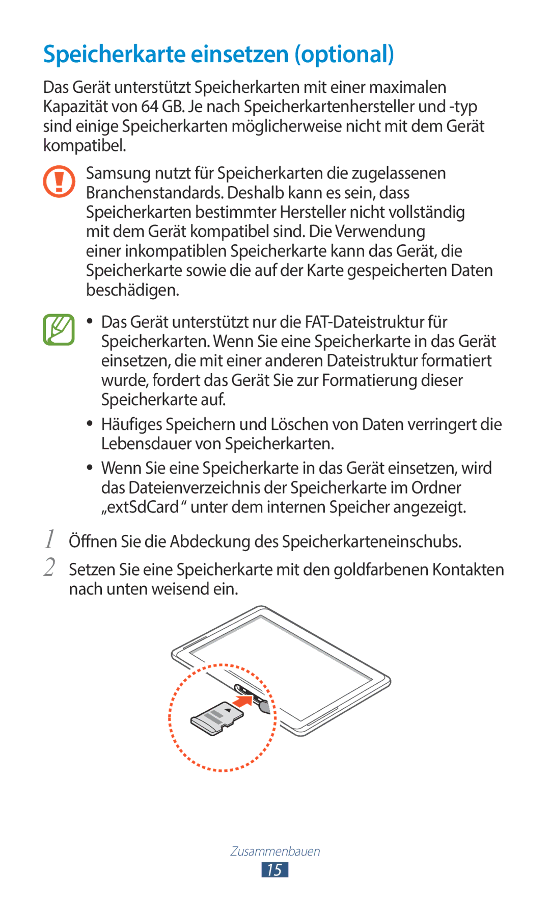 Samsung GT-N8020ZWADTM, GT-N8020EAATPH, GT-N8020ZWAVD2, GT-N8020EAATMN, GT-N8020ZWATPH manual Speicherkarte einsetzen optional 