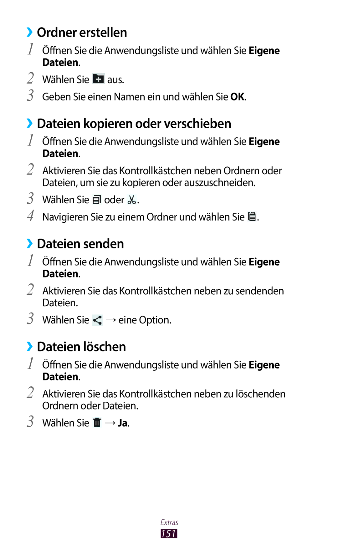 Samsung GT-N8020ZWAVD2 manual ››Ordner erstellen, ››Dateien kopieren oder verschieben, ››Dateien senden, ››Dateien löschen 