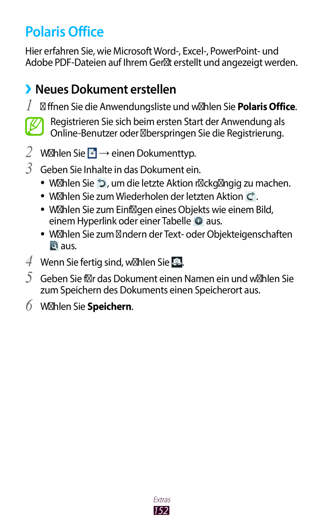 Samsung GT-N8020EAATMN manual Polaris Office, ››Neues Dokument erstellen, Aus Wenn Sie fertig sind, wählen Sie, 152 