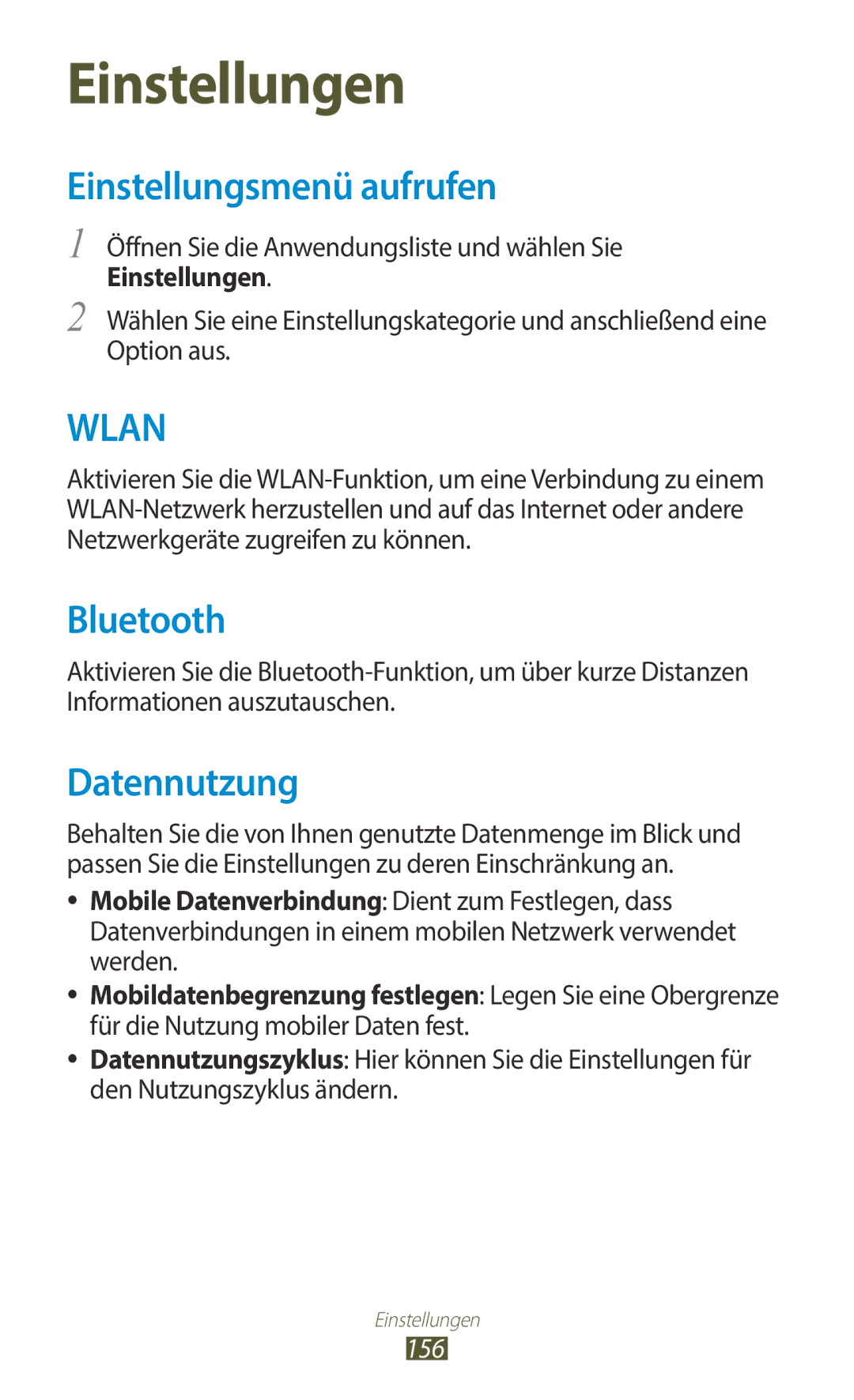 Samsung GT-N8020EAATPH, GT-N8020ZWAVD2, GT-N8020EAATMN, GT-N8020ZWADTM manual Einstellungsmenü aufrufen, Datennutzung, 156 