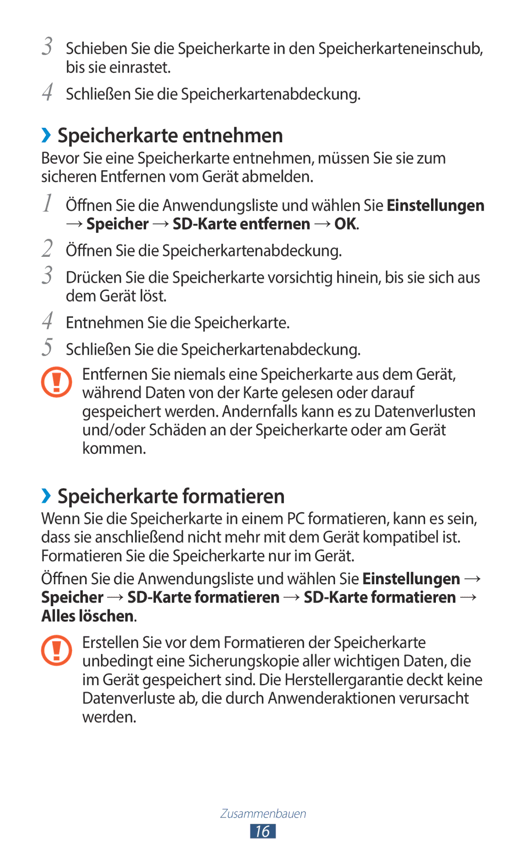 Samsung GT-N8020ZWATPH, GT-N8020EAATPH, GT-N8020ZWAVD2 manual ››Speicherkarte entnehmen, ››Speicherkarte formatieren 