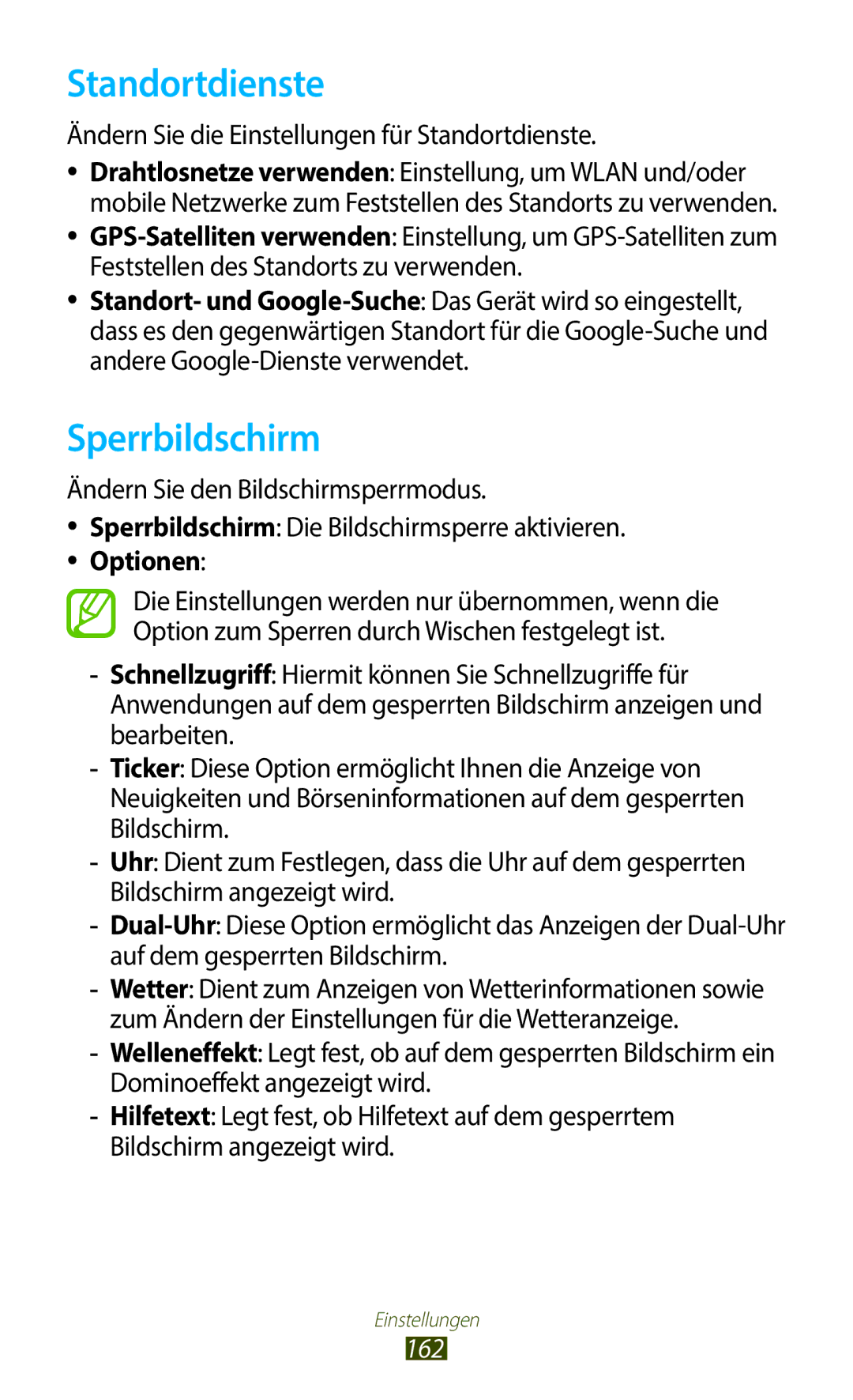 Samsung GT-N8020EAATPH, GT-N8020ZWAVD2 manual Sperrbildschirm, Ändern Sie die Einstellungen für Standortdienste, 162 