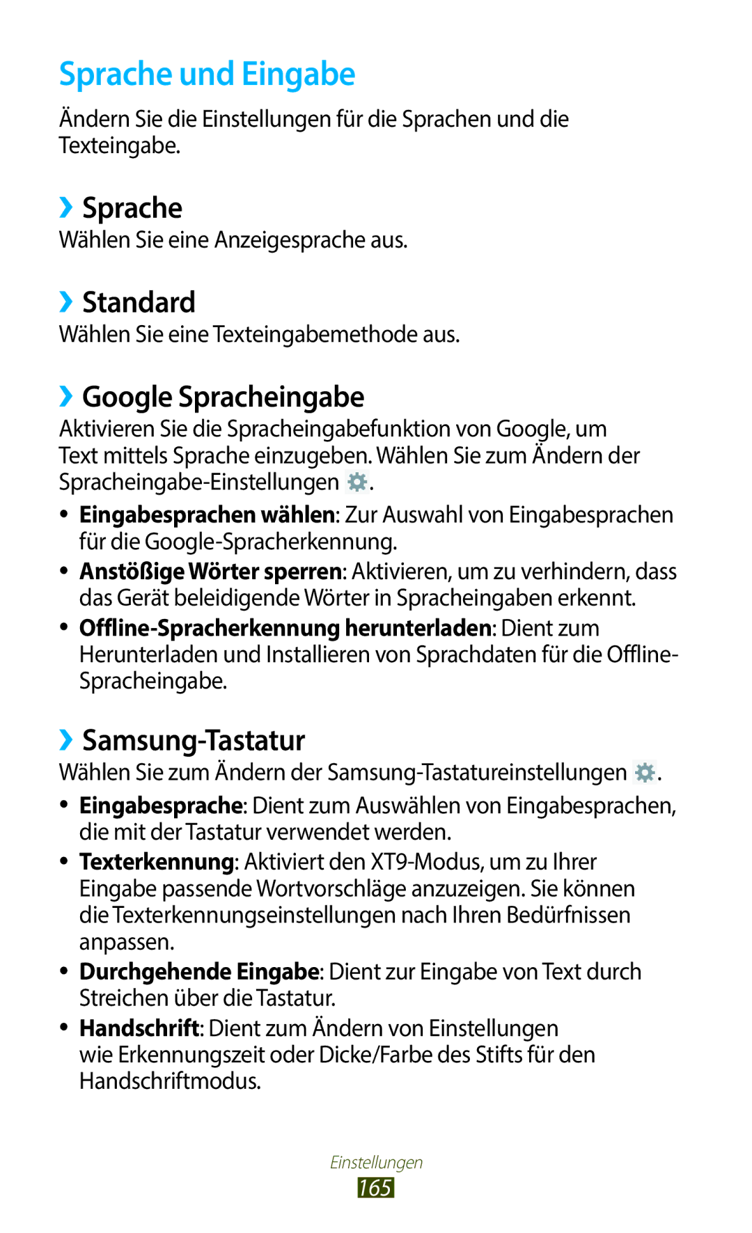 Samsung GT-N8020ZWADTM manual Sprache und Eingabe, ››Sprache, ››Standard, ››Google Spracheingabe, ››Samsung-Tastatur 