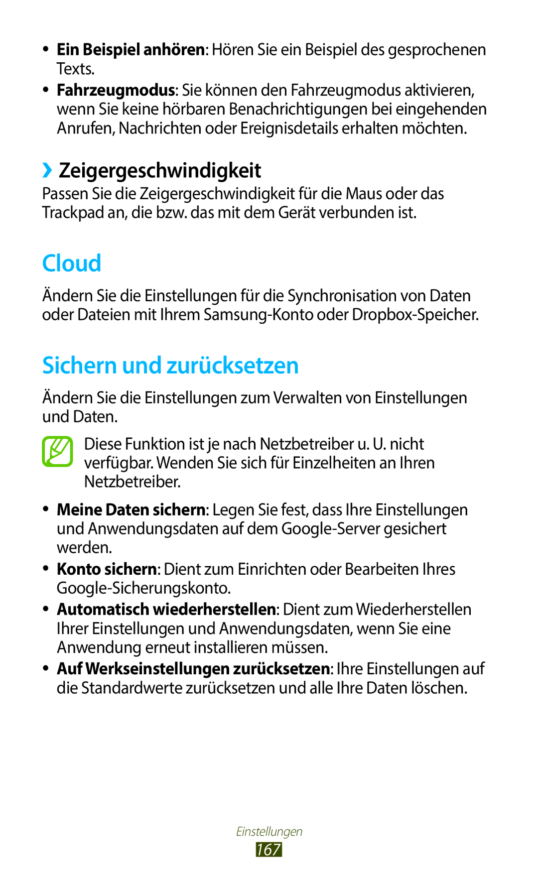 Samsung GT-N8020ZWATCL, GT-N8020EAATPH, GT-N8020ZWAVD2 manual Cloud, Sichern und zurücksetzen, ››Zeigergeschwindigkeit, 167 
