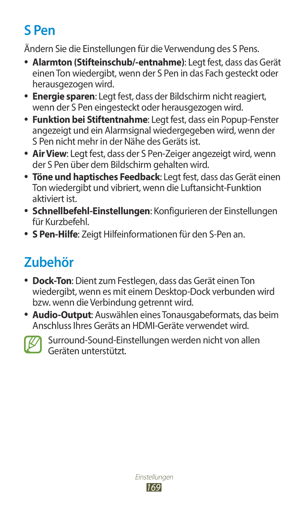 Samsung GT-N8020ZWAVD2, GT-N8020EAATPH manual Zubehör, Ändern Sie die Einstellungen für die Verwendung des S Pens, 169 