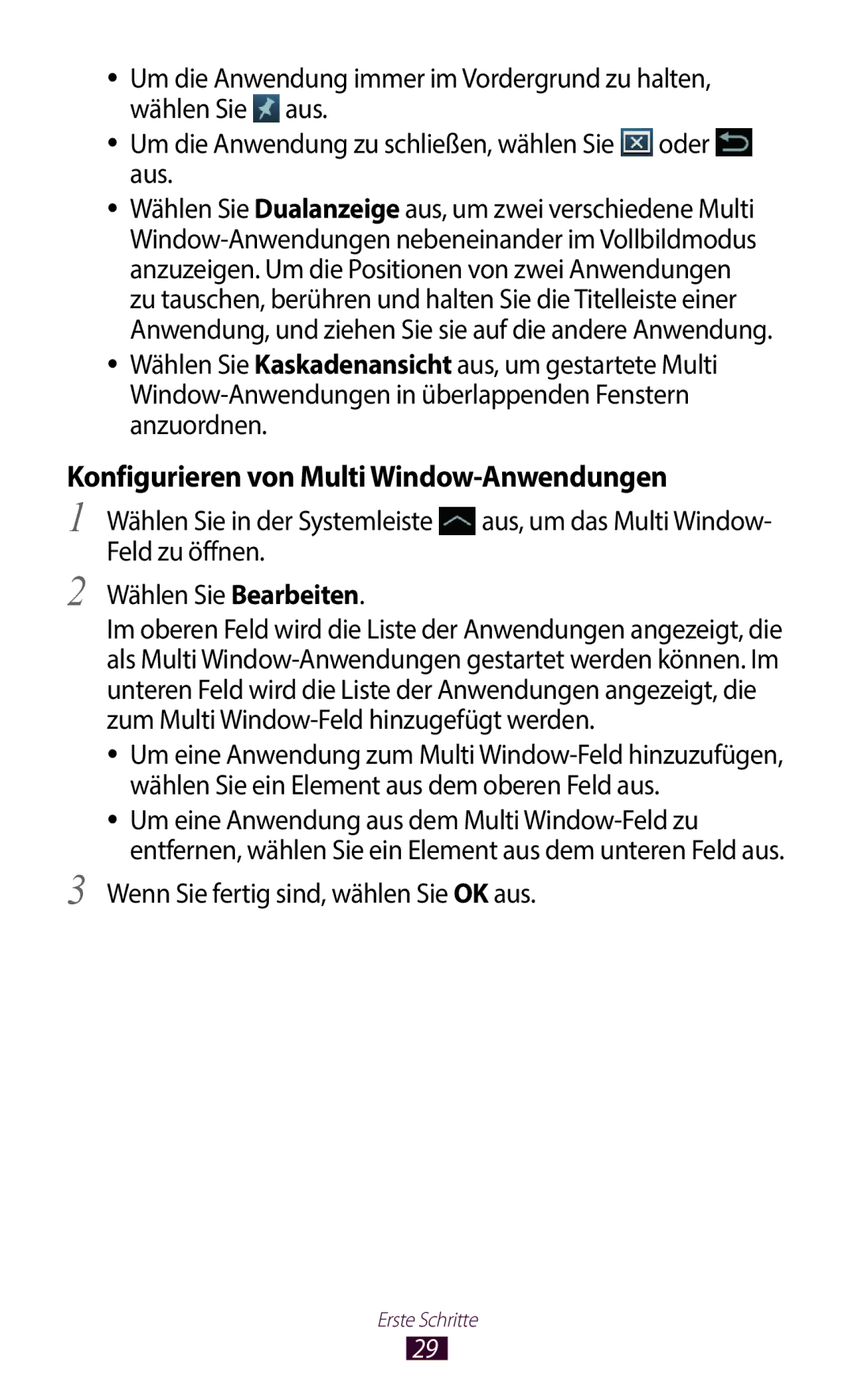 Samsung GT-N8020ZWATCL, GT-N8020EAATPH Konfigurieren von Multi Window-Anwendungen, Wenn Sie fertig sind, wählen Sie OK aus 