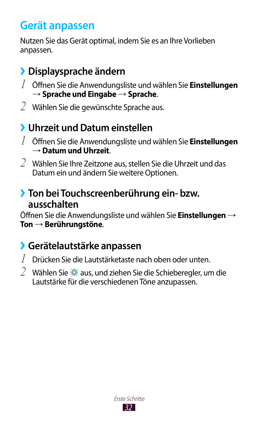 Samsung GT-N8020EAATMN, GT-N8020EAATPH manual Gerät anpassen, ››Displaysprache ändern, ››Uhrzeit und Datum einstellen 