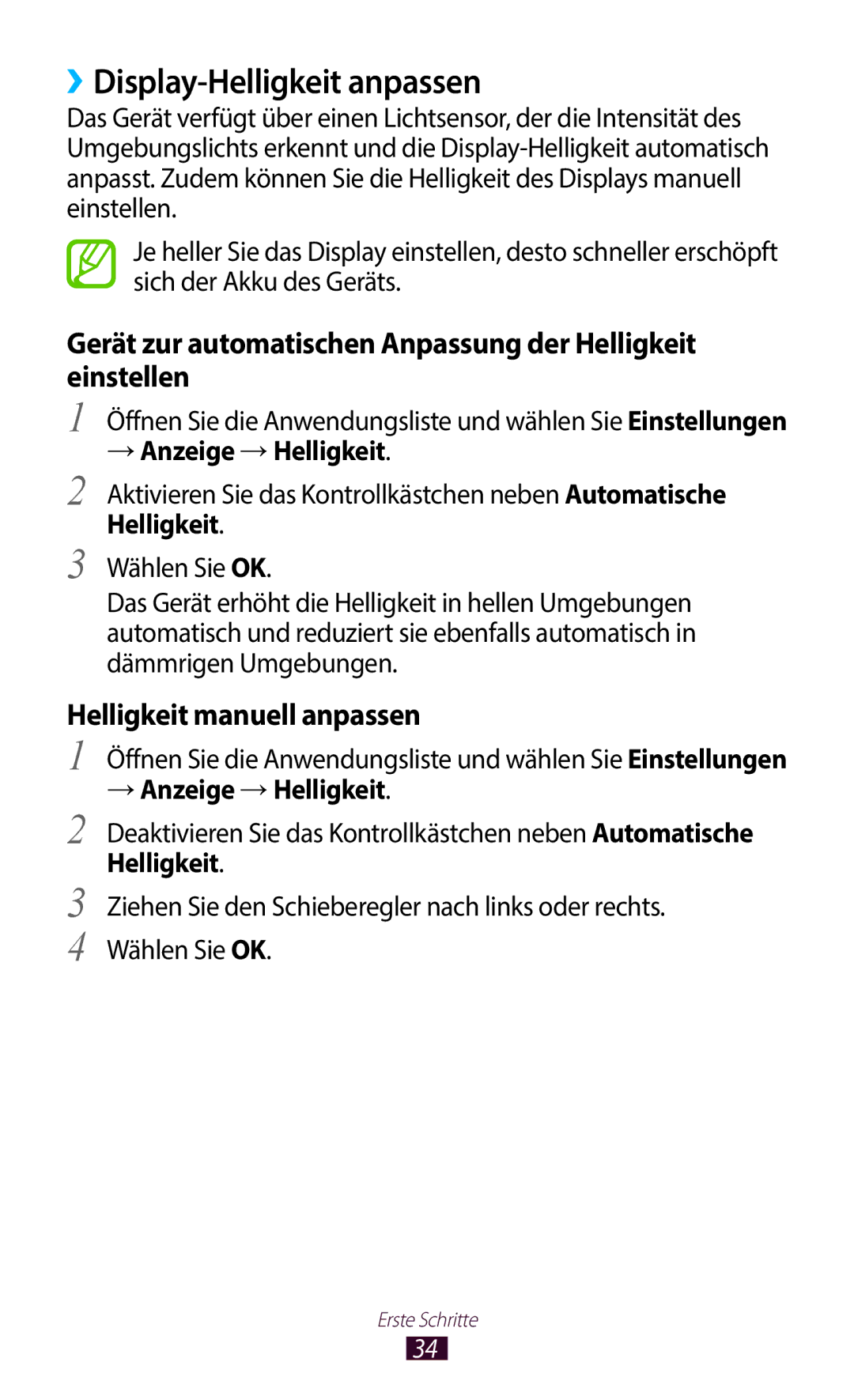 Samsung GT-N8020ZWATPH manual ››Display-Helligkeit anpassen, Gerät zur automatischen Anpassung der Helligkeit einstellen 