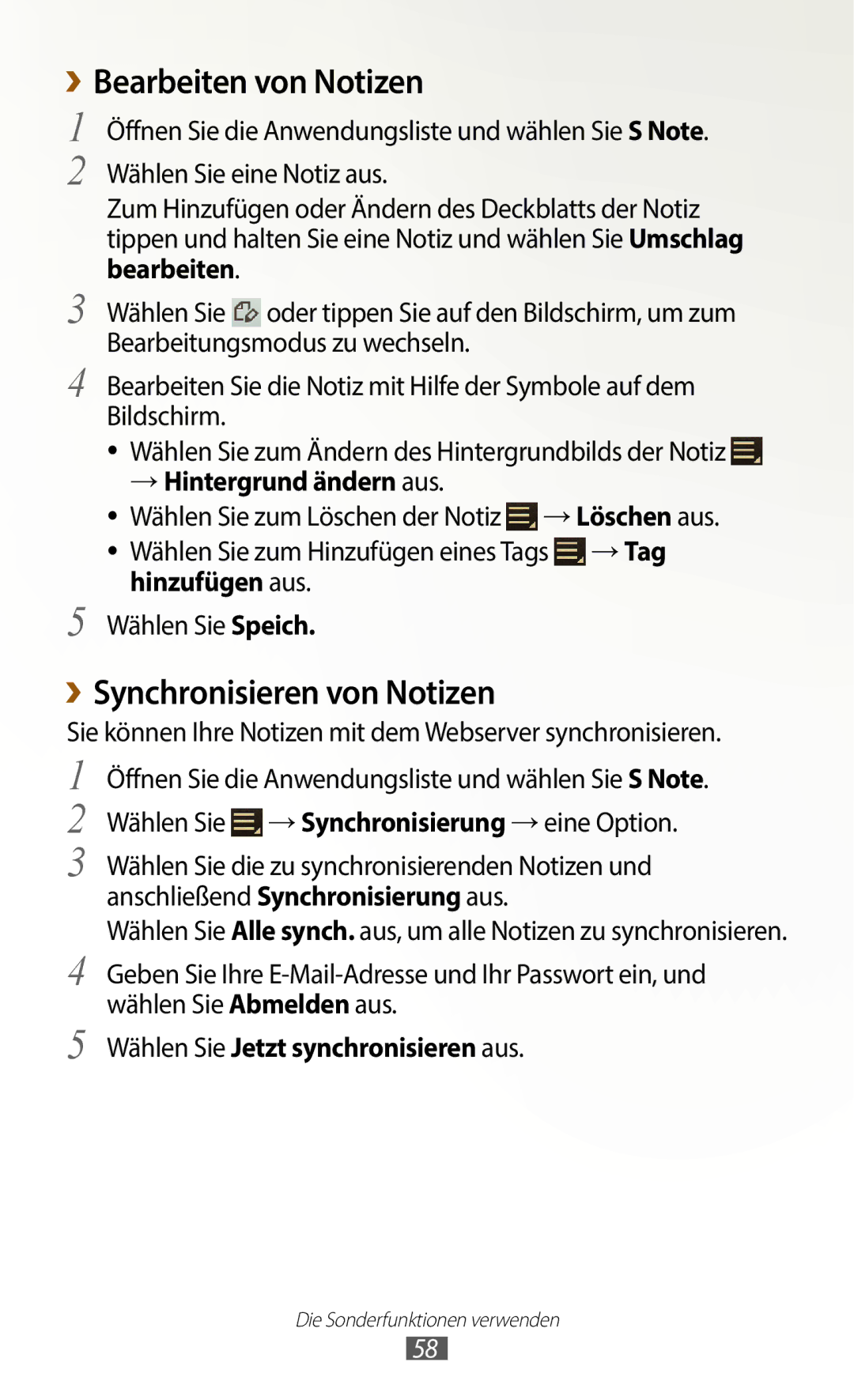 Samsung GT-N8020ZWATPH, GT-N8020EAATPH ››Bearbeiten von Notizen, ››Synchronisieren von Notizen, → Hintergrund ändern aus 