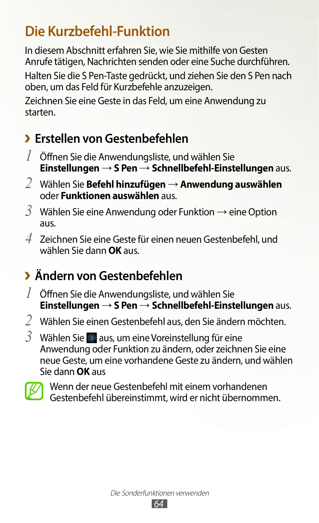 Samsung GT-N8020ZWATPH, GT-N8020EAATPH, GT-N8020ZWAVD2 manual ››Erstellen von Gestenbefehlen, ››Ändern von Gestenbefehlen 