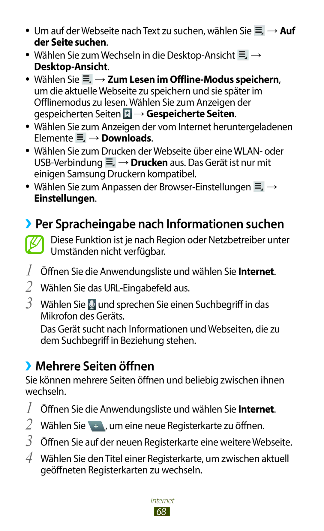 Samsung GT-N8020EAATMN, GT-N8020EAATPH manual ››Mehrere Seiten öffnen, ››Per Spracheingabe nach Informationen suchen 