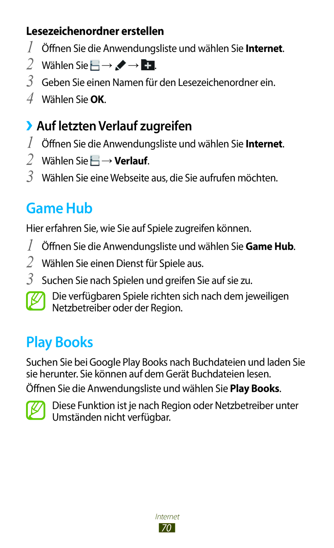 Samsung GT-N8020ZWATPH, GT-N8020EAATPH Game Hub, Play Books, ››Auf letzten Verlauf zugreifen, Lesezeichenordner erstellen 