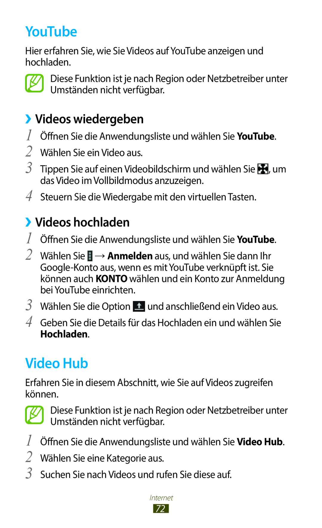 Samsung GT-N8020EAATPH, GT-N8020ZWAVD2 manual YouTube, Video Hub, ››Videos wiedergeben, ››Videos hochladen, Hochladen 