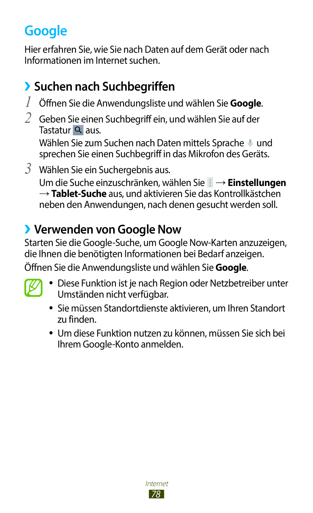 Samsung GT-N8020EAATPH, GT-N8020ZWAVD2, GT-N8020EAATMN manual ››Suchen nach Suchbegriffen, ››Verwenden von Google Now 