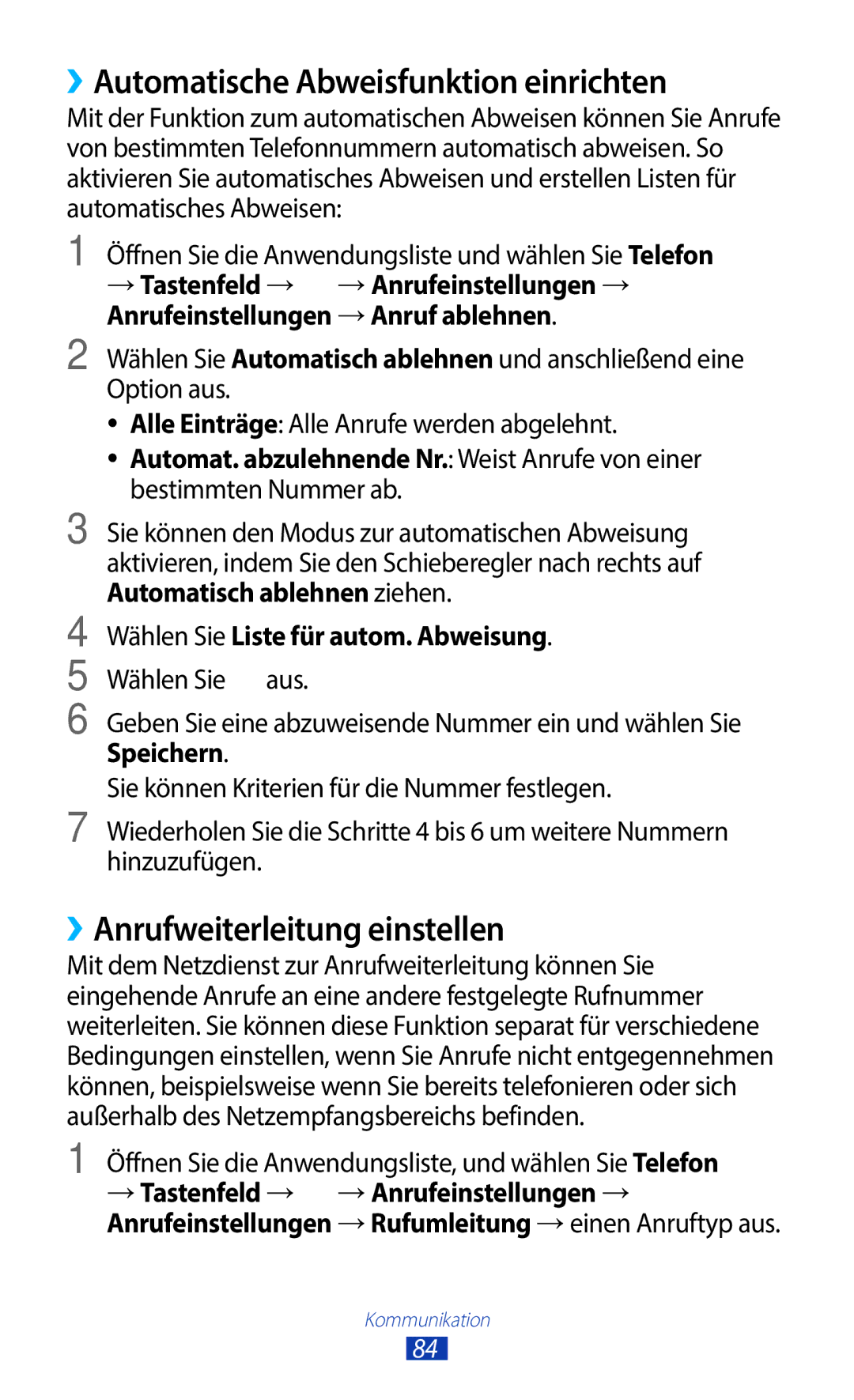 Samsung GT-N8020EAATPH, GT-N8020ZWAVD2 manual ››Automatische Abweisfunktion einrichten, ››Anrufweiterleitung einstellen 