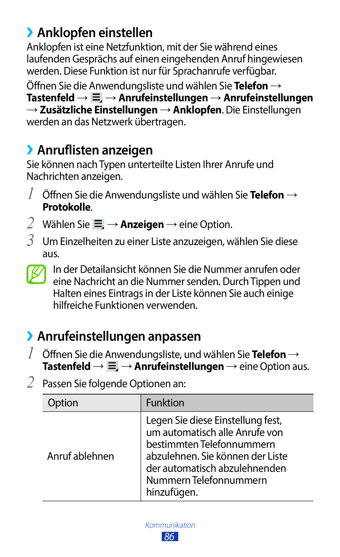 Samsung GT-N8020EAATMN manual ››Anklopfen einstellen, ››Anruflisten anzeigen, ››Anrufeinstellungen anpassen, Protokolle 