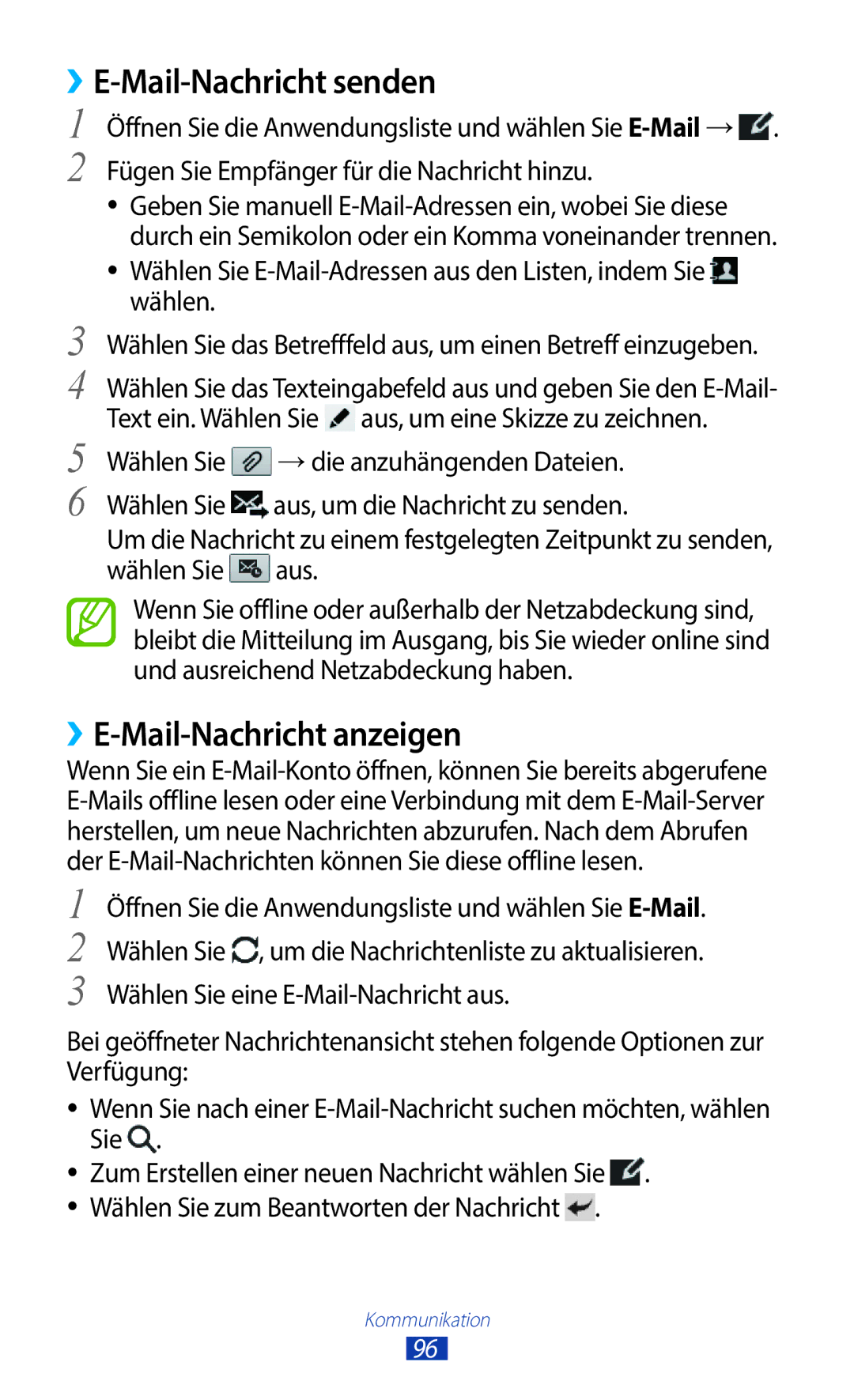 Samsung GT-N8020EAATPH, GT-N8020ZWAVD2, GT-N8020EAATMN manual ››E-Mail-Nachricht senden, ››E-Mail-Nachricht anzeigen 