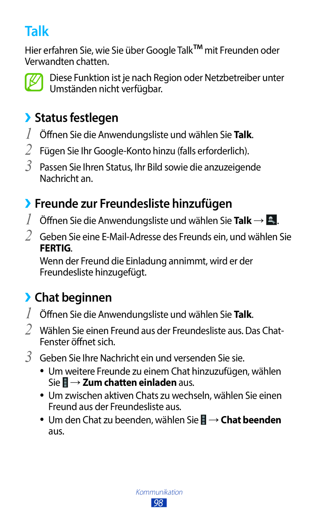 Samsung GT-N8020EAATMN, GT-N8020EAATPH Talk, ››Status festlegen, ››Freunde zur Freundesliste hinzufügen, ››Chat beginnen 