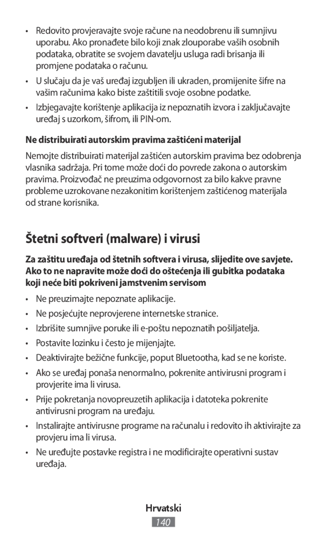 Samsung SM2T111NDWATMZ manual Štetni softveri malware i virusi, Ne distribuirati autorskim pravima zaštićeni materijal 