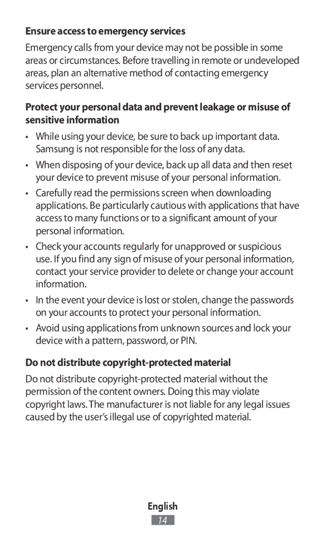 Samsung SM-T111NYKASEB, GT-N8020EAATPH Ensure access to emergency services, Do not distribute copyright-protected material 