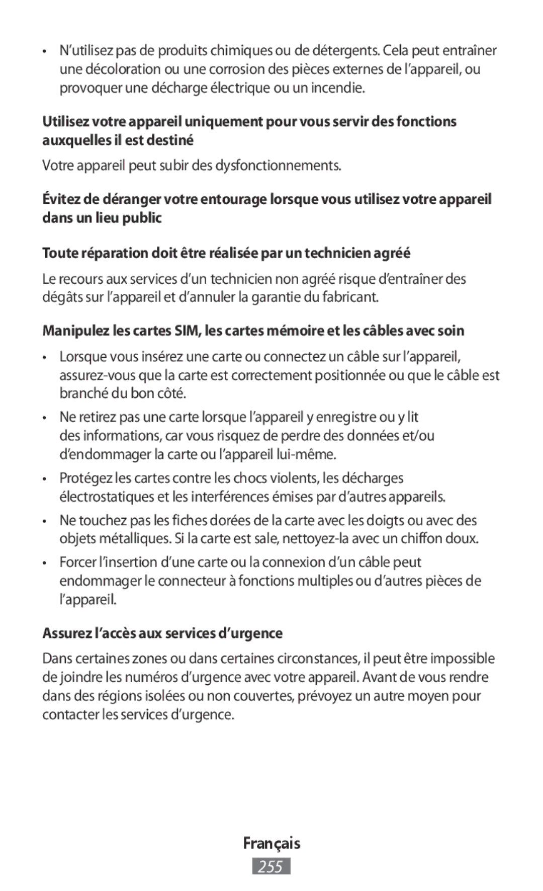 Samsung SM-T2110ZWASER manual Votre appareil peut subir des dysfonctionnements, Assurez l’accès aux services d’urgence 