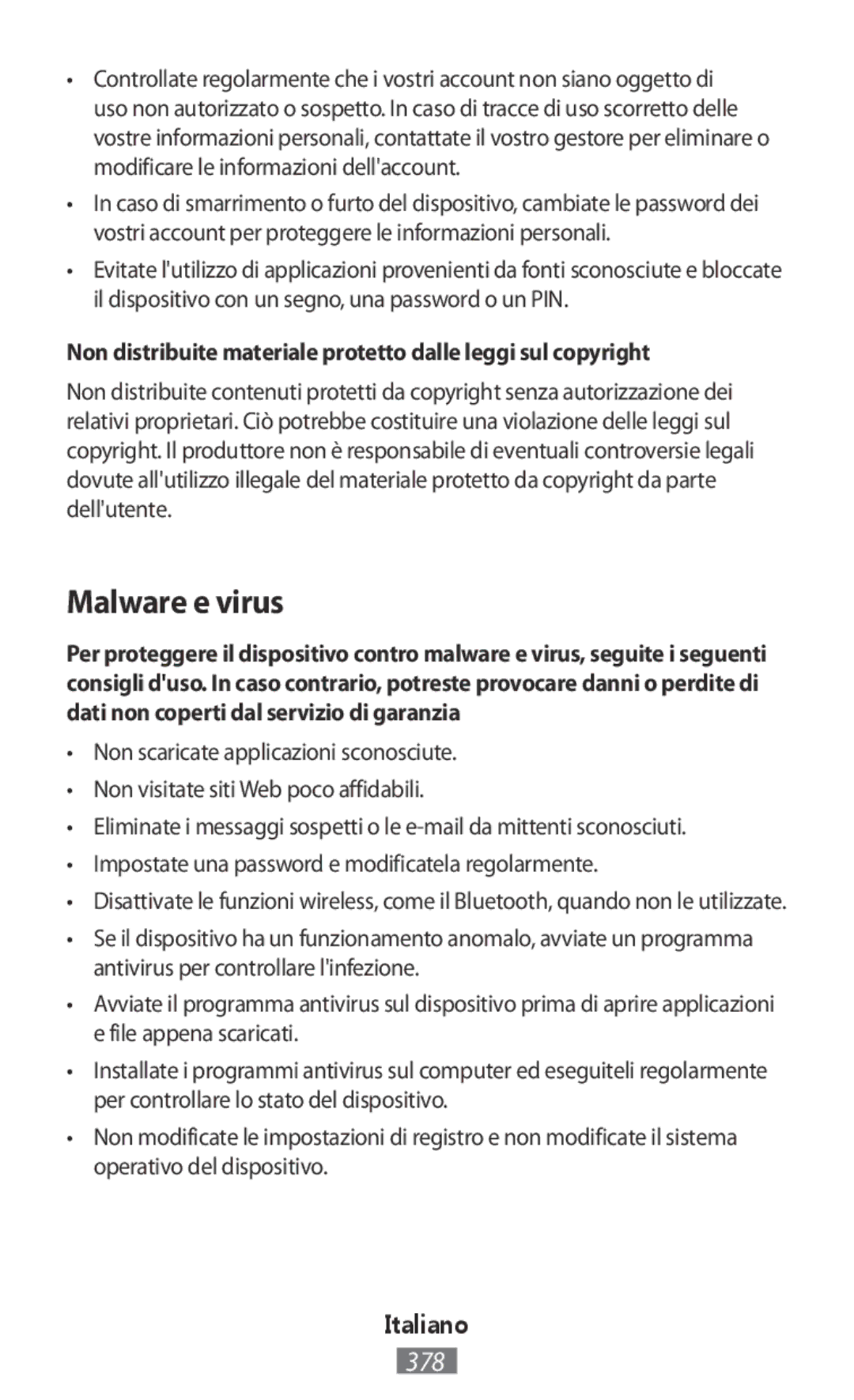 Samsung SM-T110NLYAXEH, GT-N8020EAATPH manual Malware e virus, Non distribuite materiale protetto dalle leggi sul copyright 