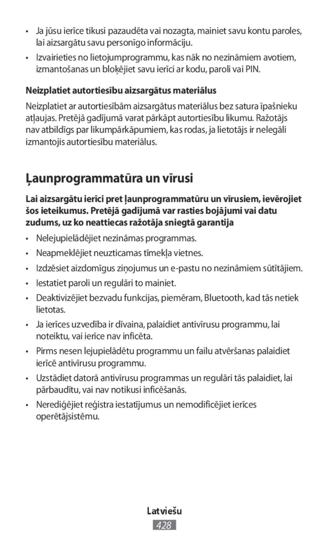 Samsung SM2T110NDWAXEZ, GT-N8020EAATPH manual Ļaunprogrammatūra un vīrusi, Neizplatiet autortiesību aizsargātus materiālus 