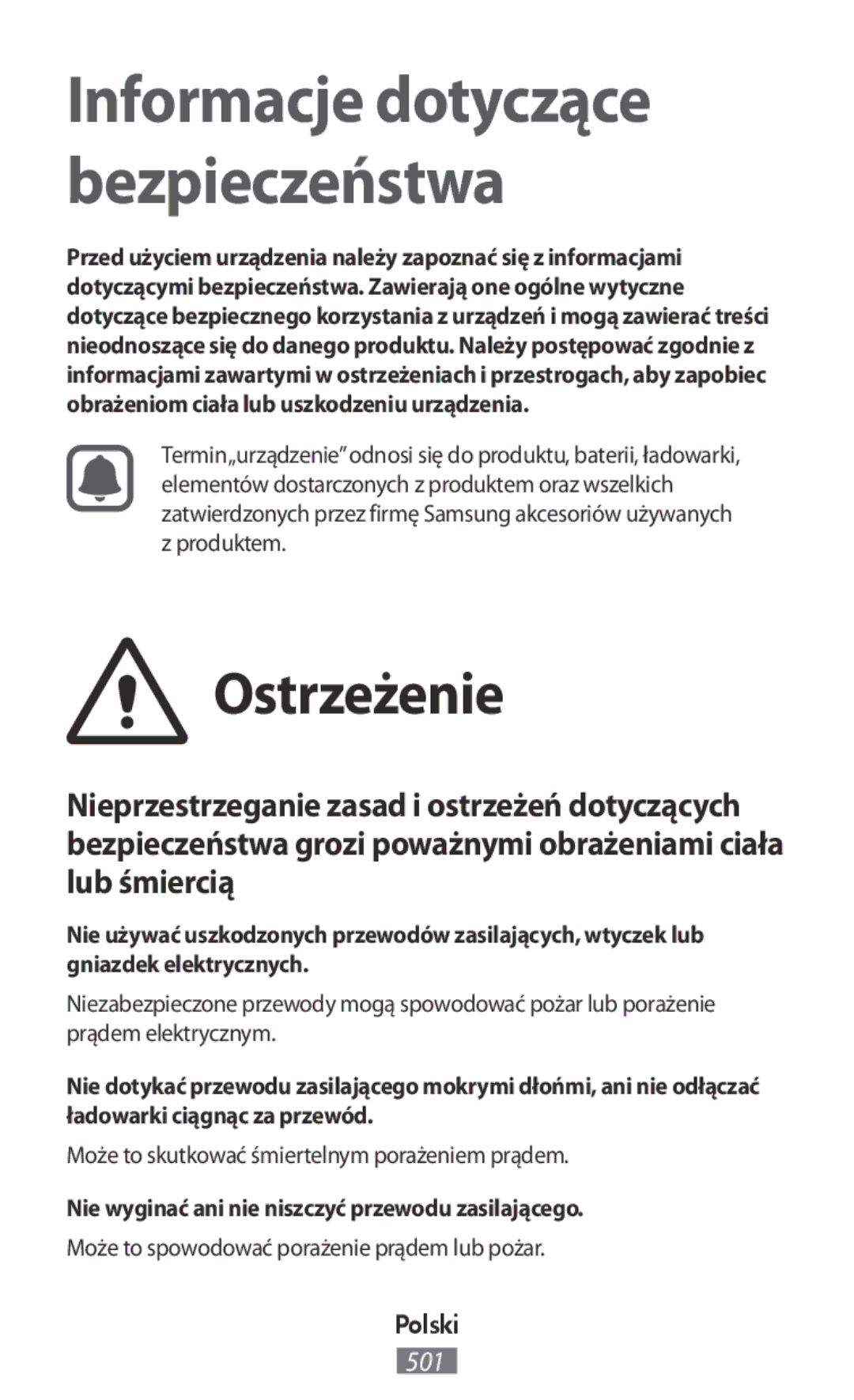 Samsung SM-T111NPIASER, GT-N8020EAATPH, SM-T2110MKATPL Ostrzeżenie, Może to skutkować śmiertelnym porażeniem prądem, Polski 