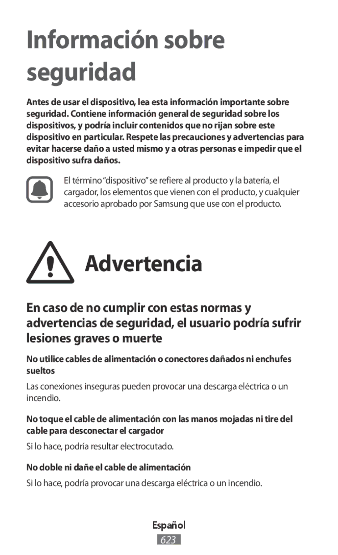 Samsung SM2T111NDWATMH Advertencia, Si lo hace, podría resultar electrocutado, No doble ni dañe el cable de alimentación 