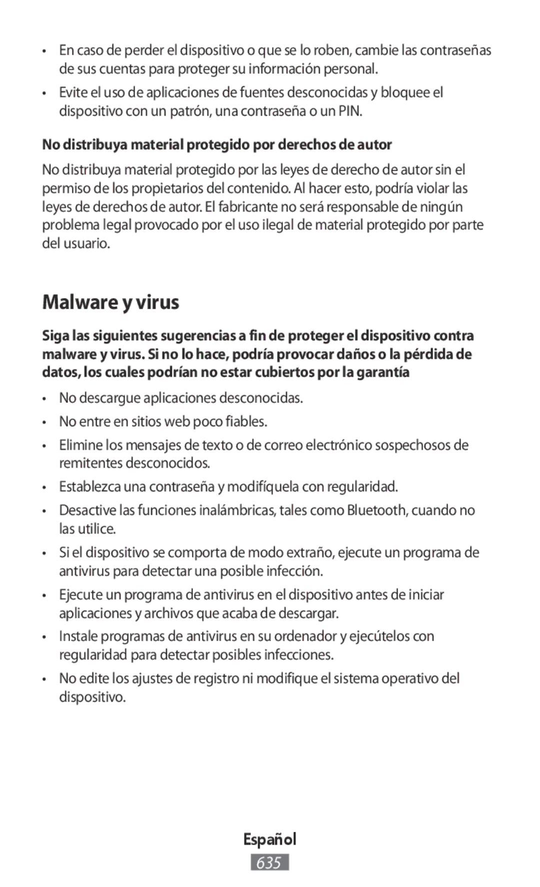 Samsung SM-T110NLYAXEZ, GT-N8020EAATPH manual Malware y virus, No distribuya material protegido por derechos de autor 