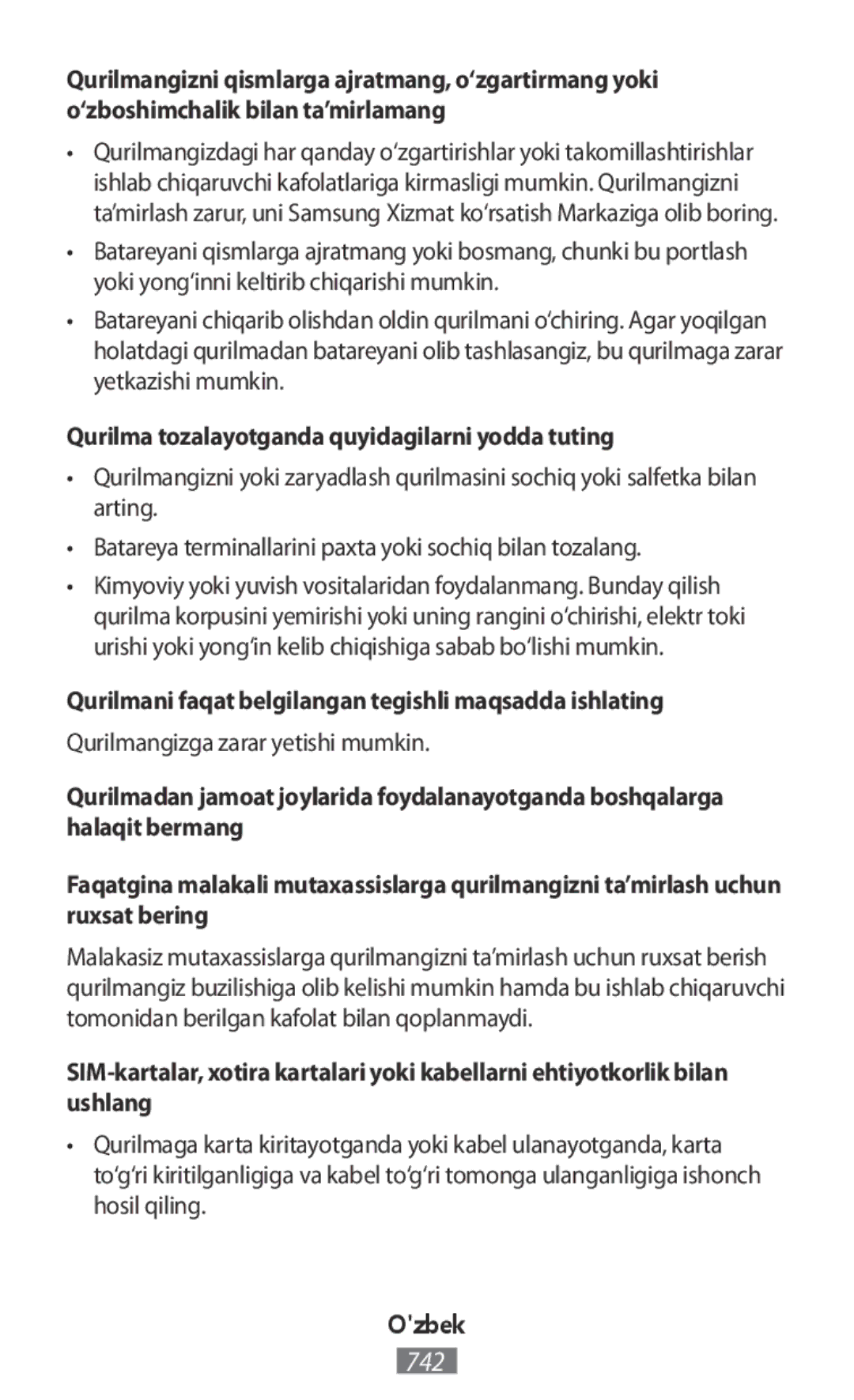 Samsung SM-E500FZWACEL manual Qurilma tozalayotganda quyidagilarni yodda tuting, Qurilmangizga zarar yetishi mumkin 