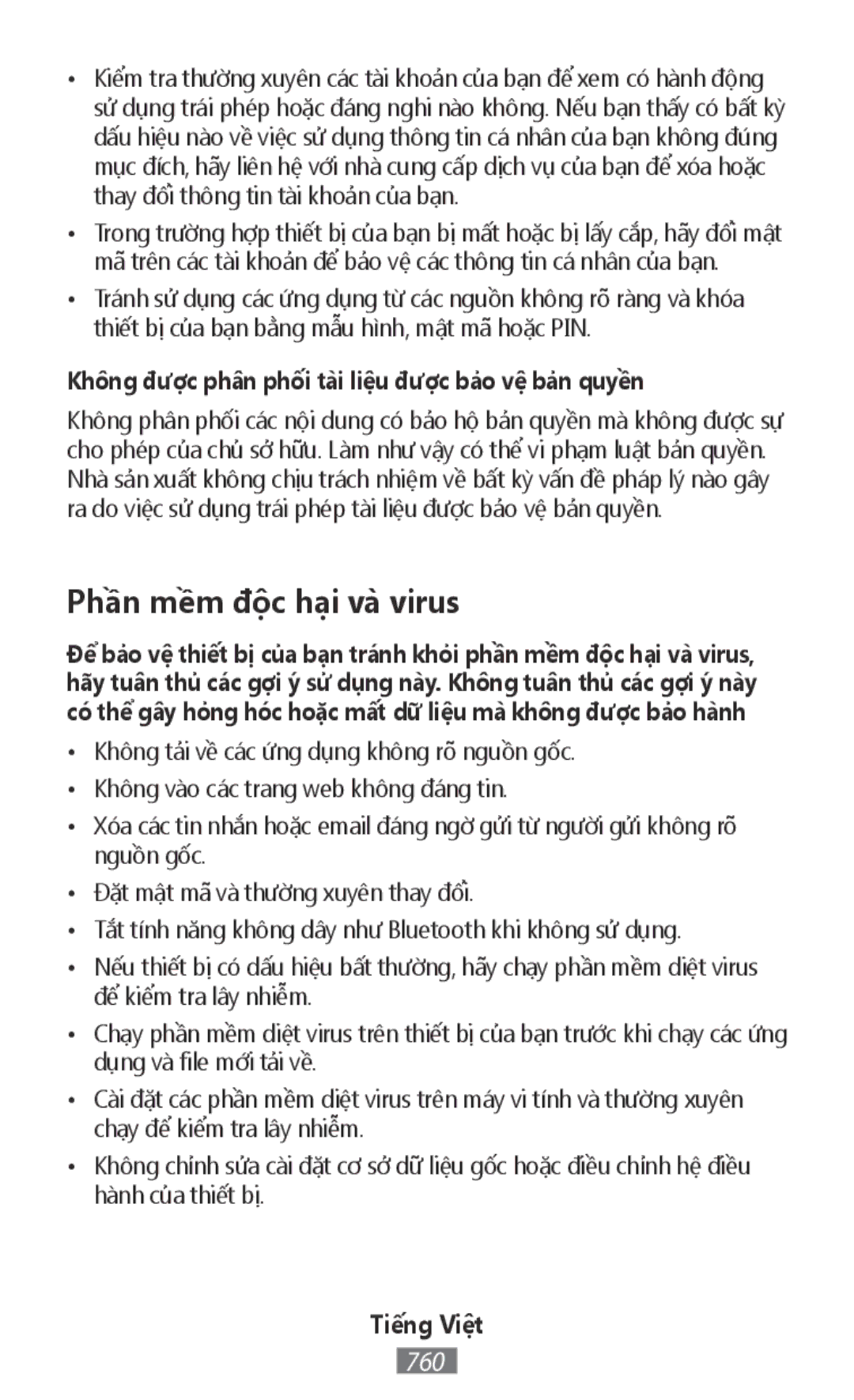 Samsung SM-T111NYKASER, GT-N8020EAATPH manual Phần mềm độc hại và virus, Không được phân phối tài liệu được bảo vệ bản quyền 