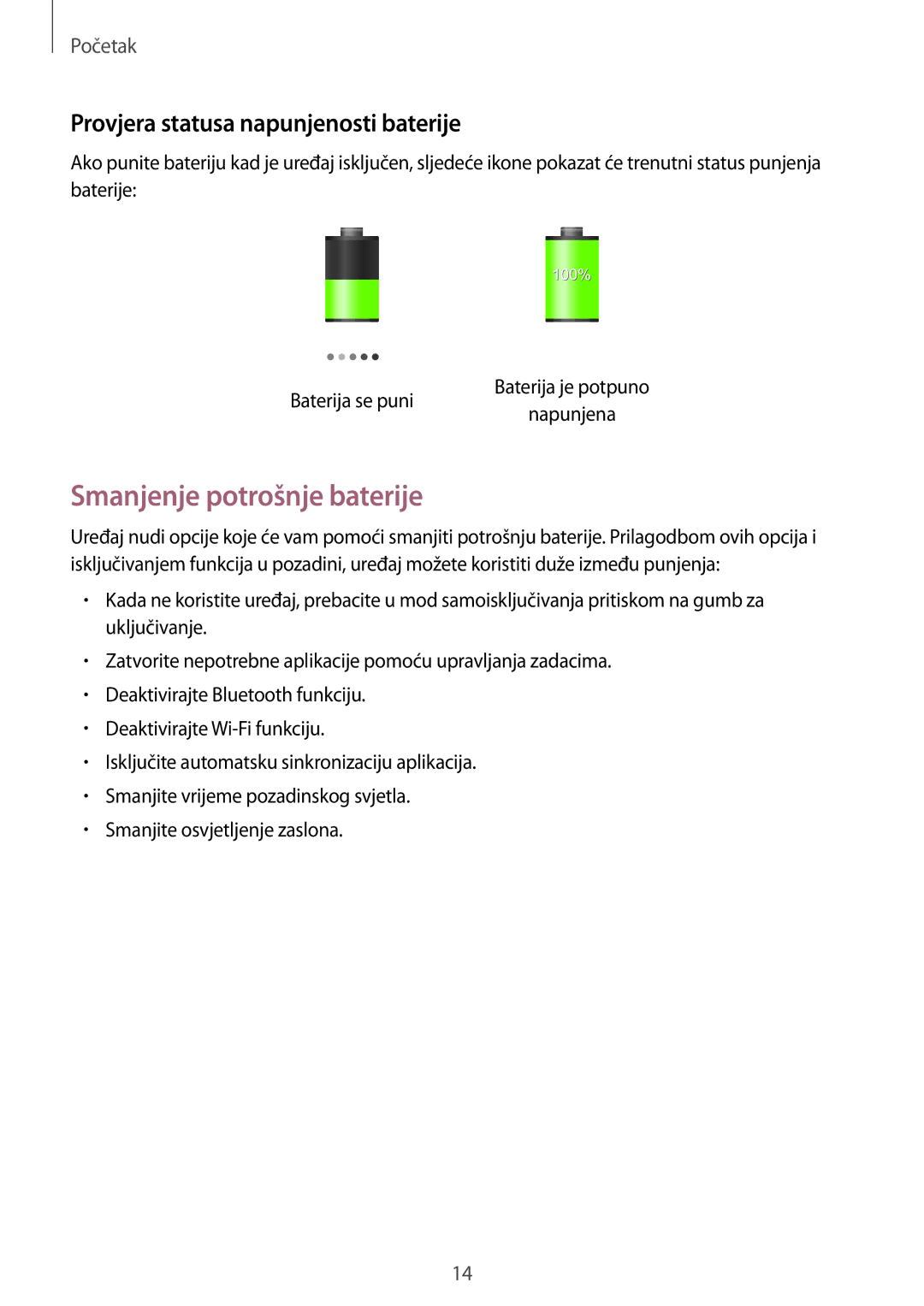 Samsung GT-N8020EAAVIP, GT-N8020EAACRO manual Smanjenje potrošnje baterije, Provjera statusa napunjenosti baterije 