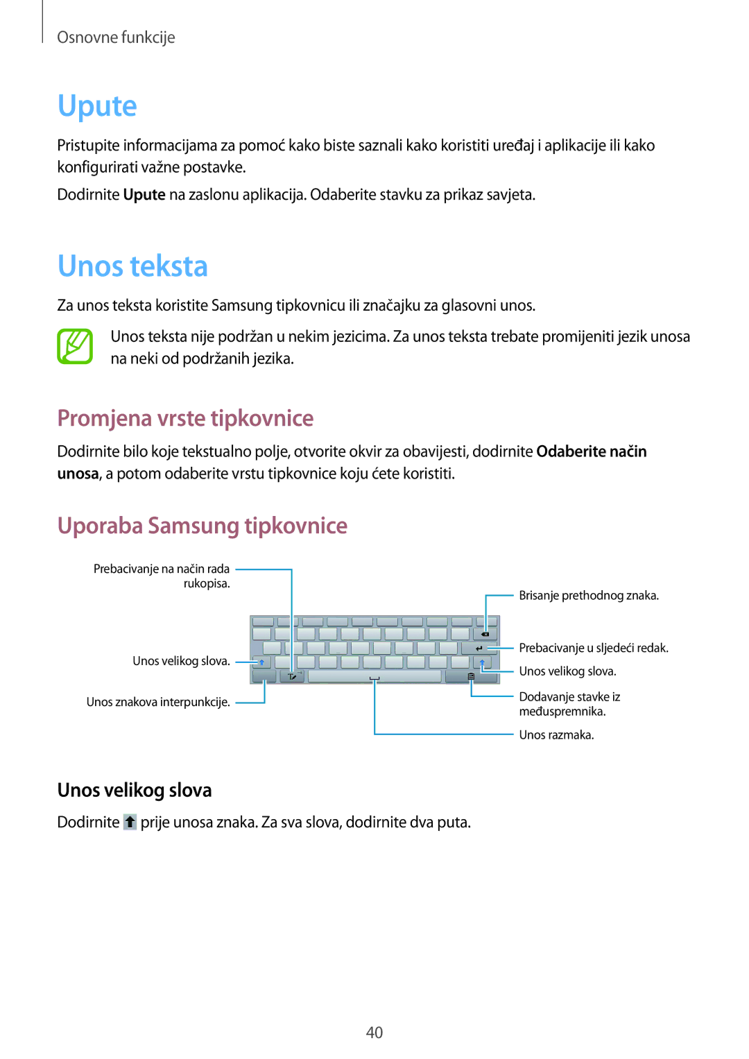 Samsung GT-N8020EAAVIP, GT-N8020EAACRO manual Upute, Unos teksta, Promjena vrste tipkovnice, Unos velikog slova 