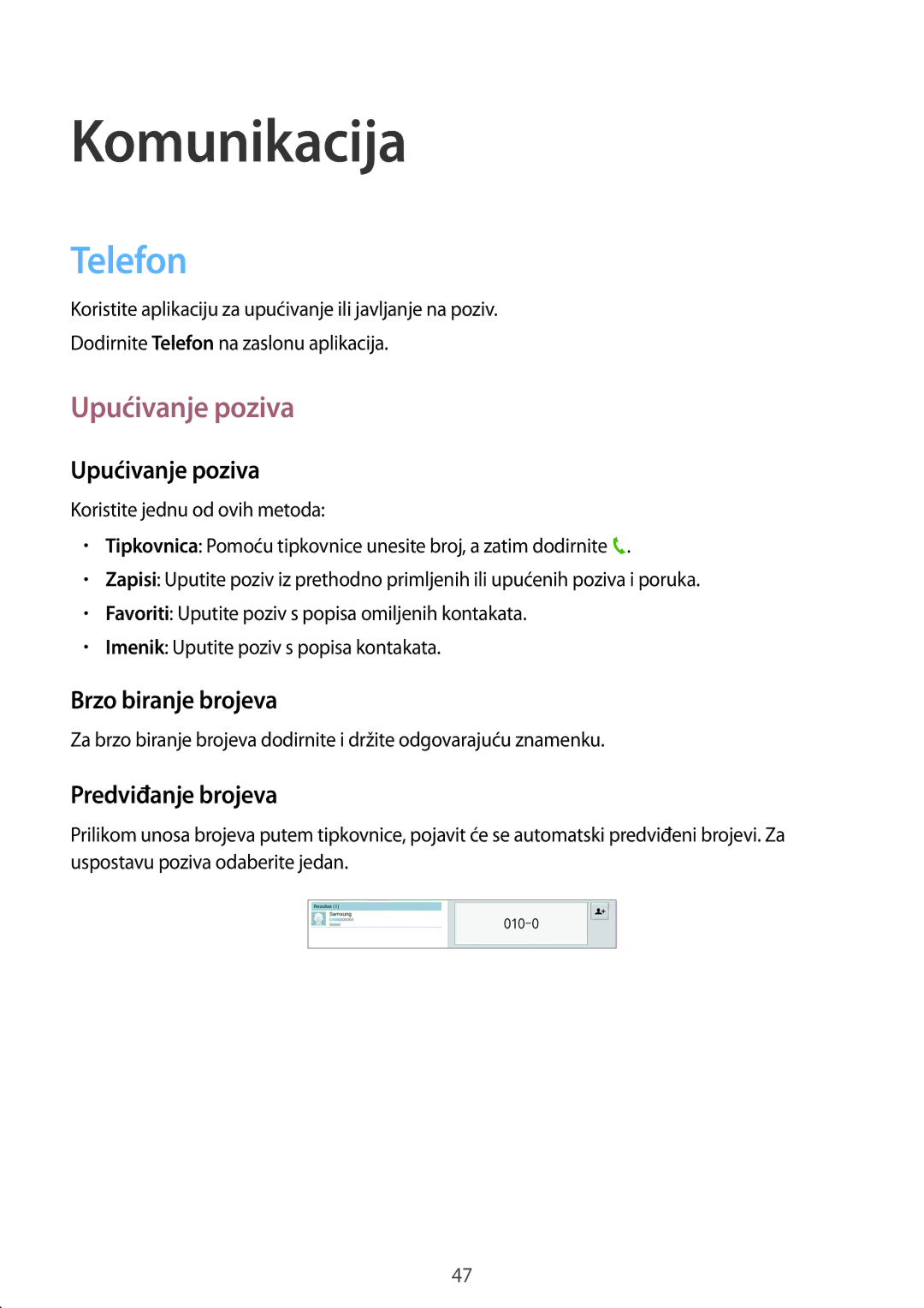 Samsung GT-N8020EAACRO, GT-N8020EAAVIP manual Telefon, Upućivanje poziva, Brzo biranje brojeva, Predviđanje brojeva 