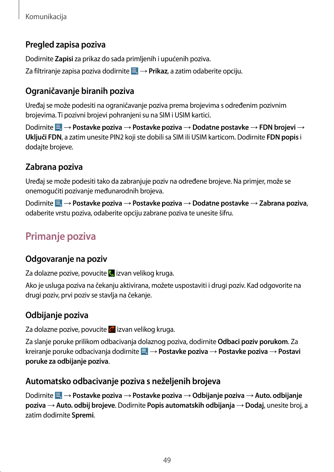 Samsung GT-N8020EAACRO, GT-N8020EAAVIP manual Primanje poziva 