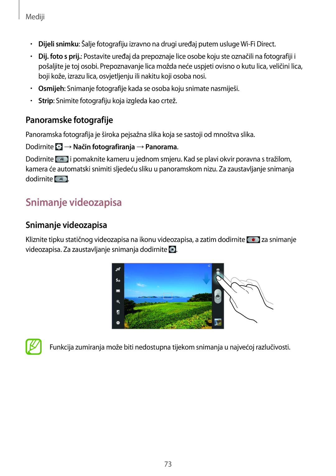 Samsung GT-N8020EAACRO manual Snimanje videozapisa, Panoramske fotografije, Dodirnite →Način fotografiranja →Panorama 